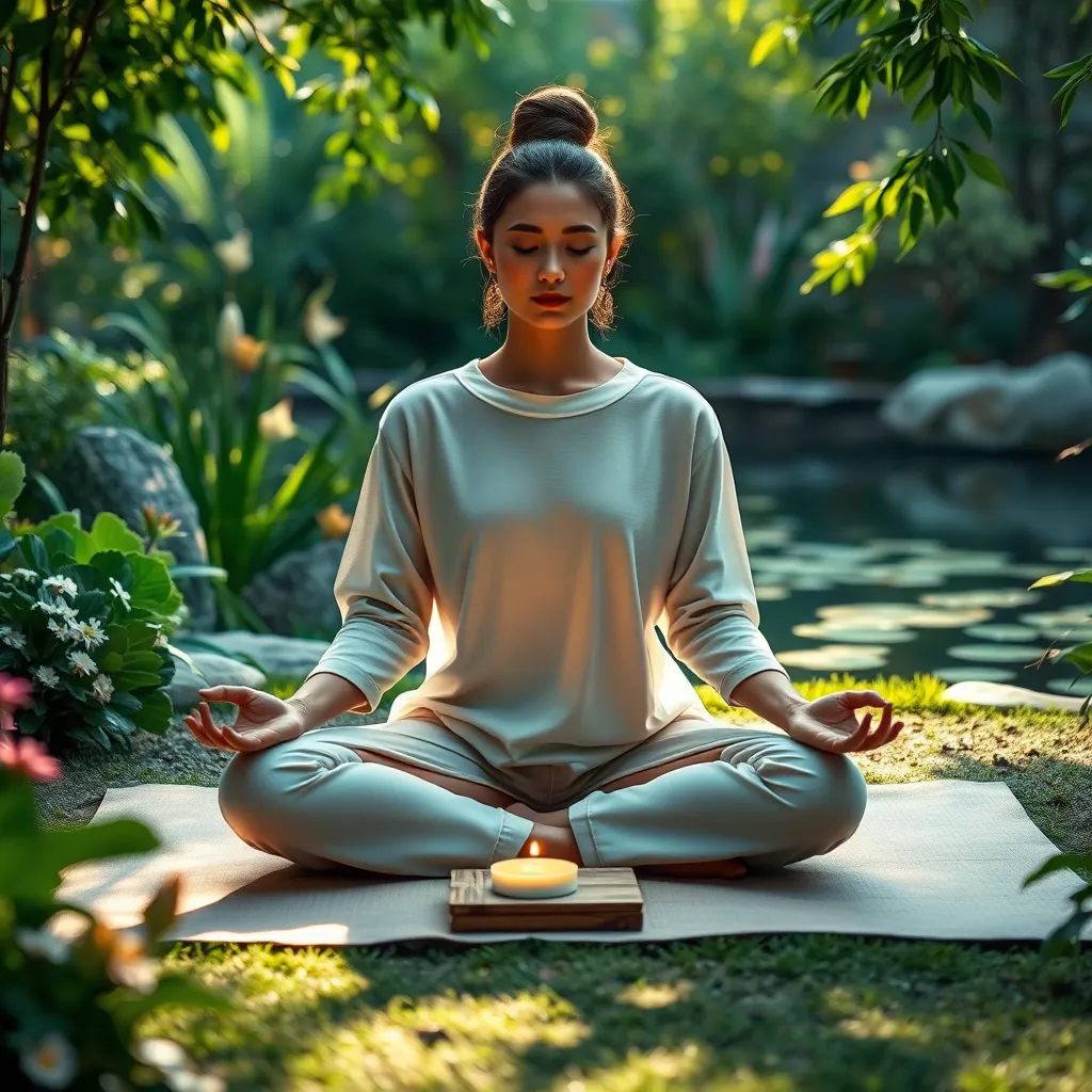 A serene meditation scene featuring a tranquil setting with a person sitting cross-legged on a soft mat in a lush garden. The garden is bathed in soft diffused sunlight, creating dappled shadows on the ground. The mood is calm and reflective, with a warm color palette of greens and soft pastels. There are various plants and flowers surrounding the meditating figure, adding vibrant colors and texture. Gentle ripples of a nearby pond can be seen in the background. Props include a softly glowing candle and a meditation cushion. The composition should capture a close-up perspective, focusing on the meditating person, showcasing fine details in their peaceful expression and clothing fabric. Style references akin to those of renowned wellness photographers, aiming for an 8K resolution, hyperrealistic, and ultra-detailed image.