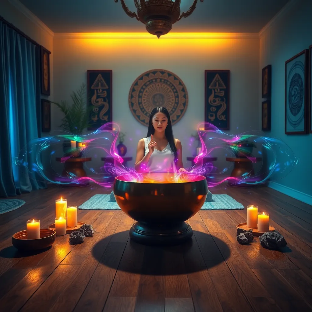 An atmospheric scene of a sound healing studio, where a practitioner is playing a beautiful crystal singing bowl, surrounded by a captivating array of colorful sound waves visually emanating from it. The room is illuminated with soft, warm lighting creating an inviting and peaceful ambiance. The color palette features blues, purples, and golds, enhancing the spiritual mood. The texture of the wooden floor contrasts with the smooth surface of the bowl. The camera angle is slightly elevated, capturing both the practitioner in focused embrace of sound and the surrounding decor, including candles and mystical elements like crystals and incense. Background elements should feature wall art representing musical symbols and ancient imagery. Aim for an 8K resolution, with hyperrealism that highlights minute details of the scene.